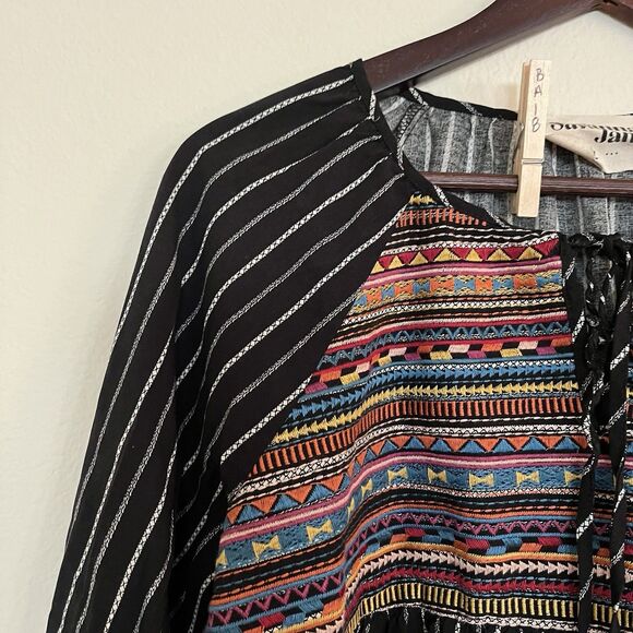 Savanna Jane Embroidered Split Tie V Neck 3/4 Sleeve Striped Boho Peasant SZ L - Picture 6 of 9